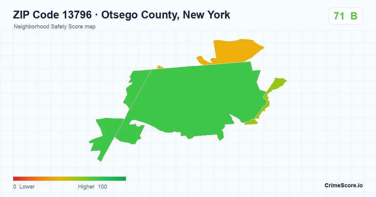 ZIP Code 13796 in Otsego County, New York neighborhood Safety Score map