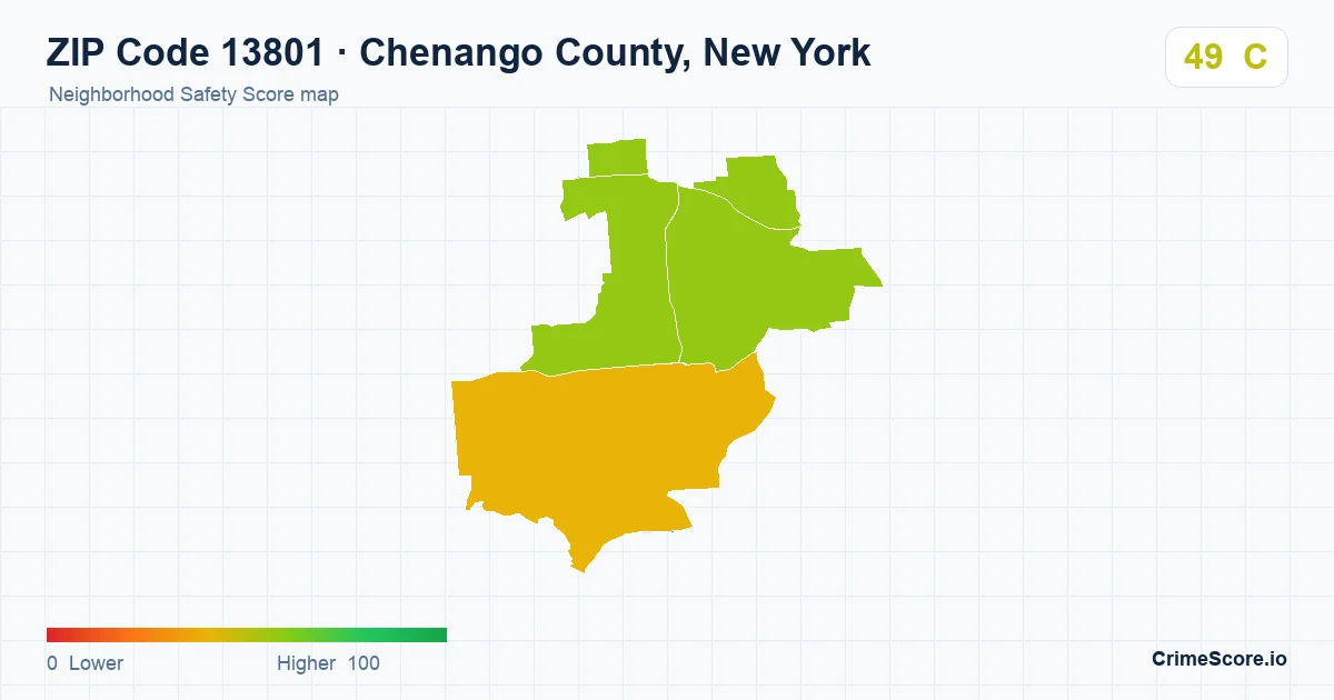 ZIP Code 13801 in Chenango County, New York neighborhood Safety Score map