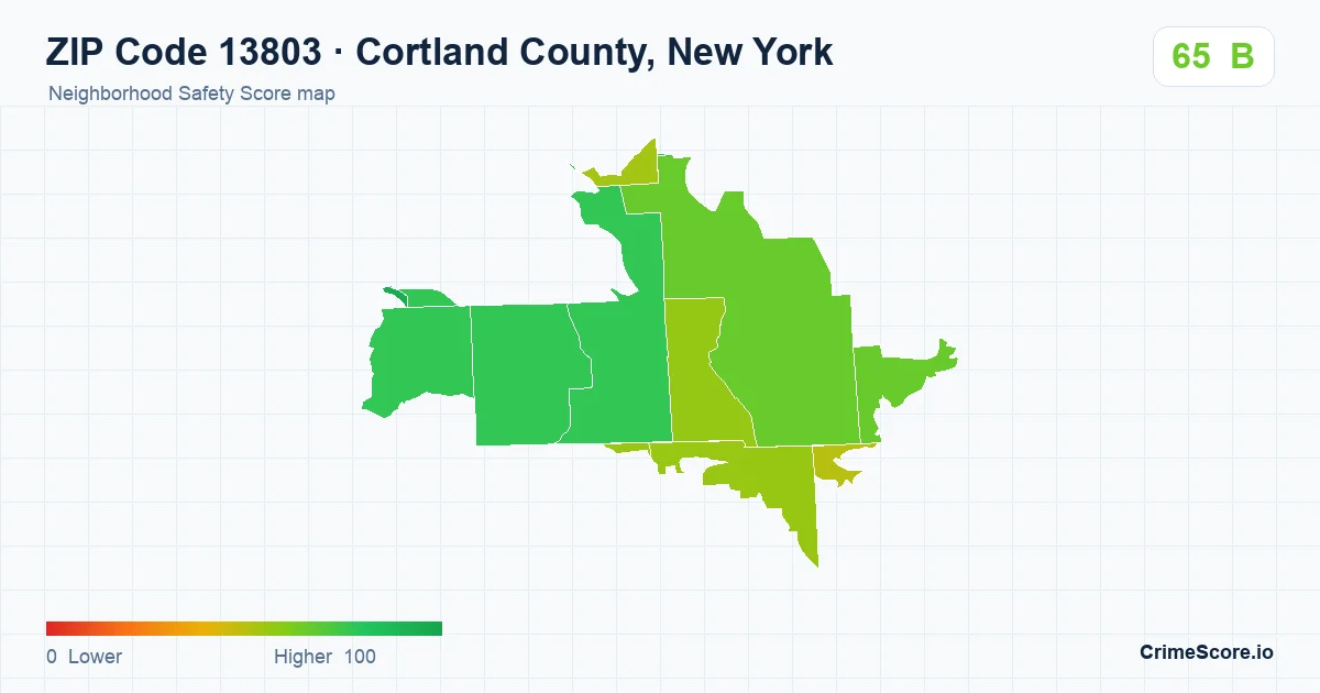ZIP Code 13803 in Cortland County, New York neighborhood Safety Score map