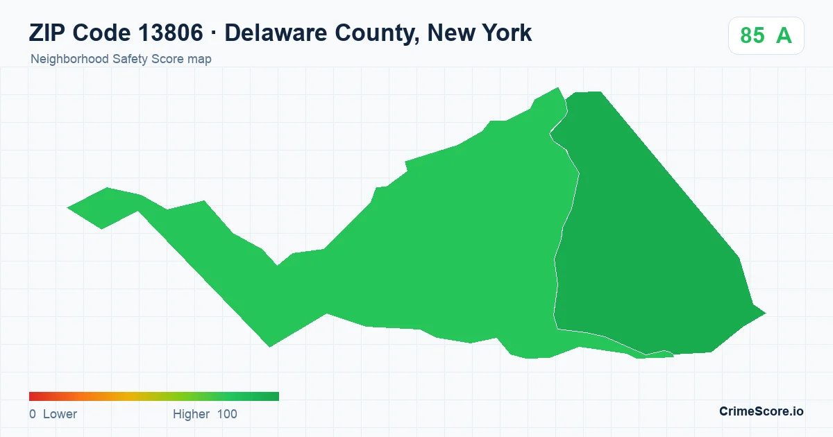 ZIP Code 13806 in Delaware County, New York neighborhood Safety Score map