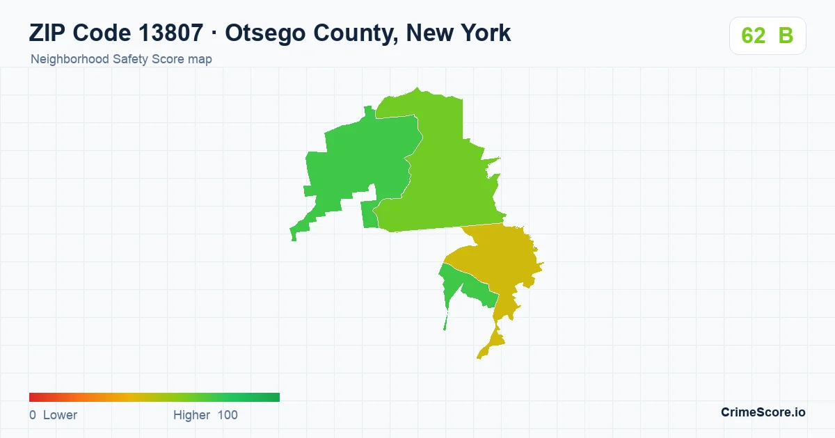 ZIP Code 13807 in Otsego County, New York neighborhood Safety Score map