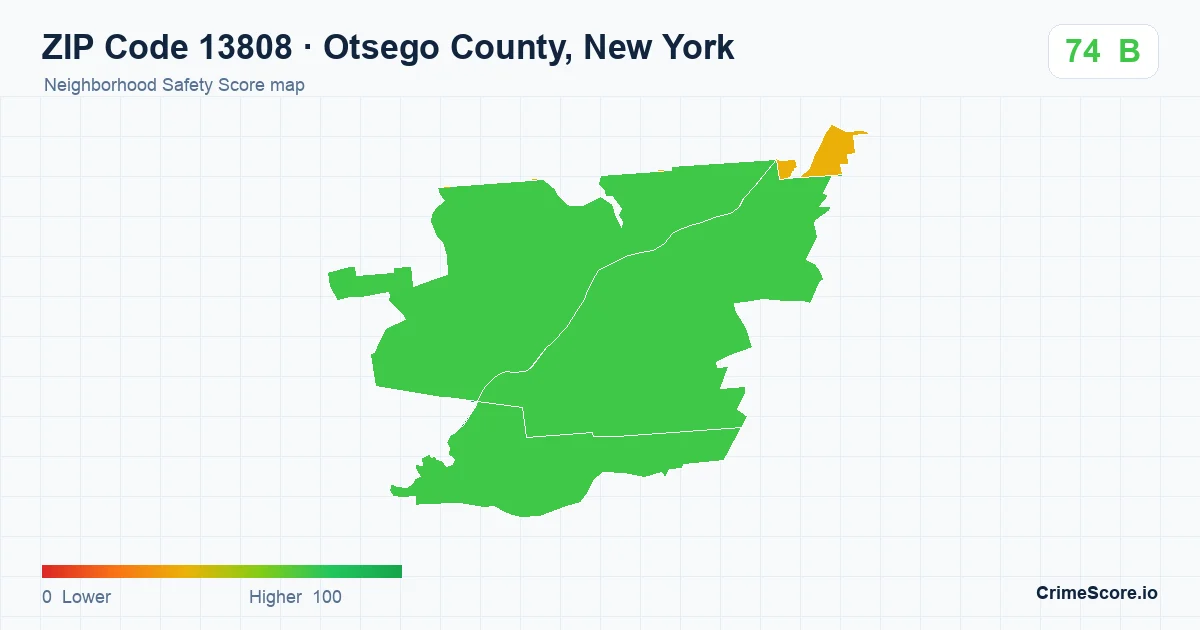ZIP Code 13808 in Otsego County, New York neighborhood Safety Score map