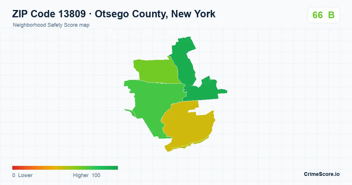 ZIP Code 13809 in Otsego County, New York neighborhood Safety Score map