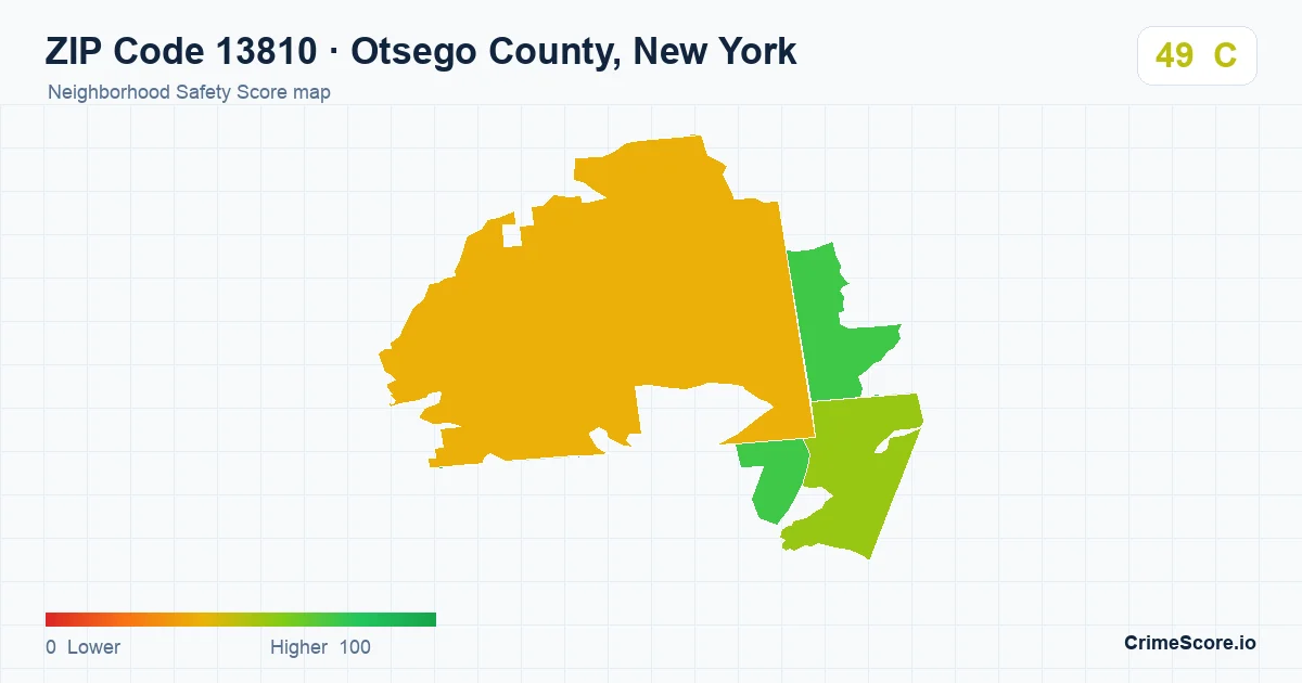 ZIP Code 13810 in Otsego County, New York neighborhood Safety Score map