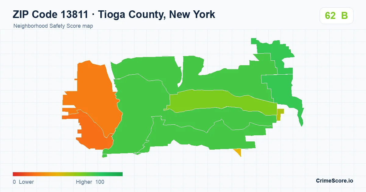 ZIP Code 13811 in Tioga County, New York neighborhood Safety Score map