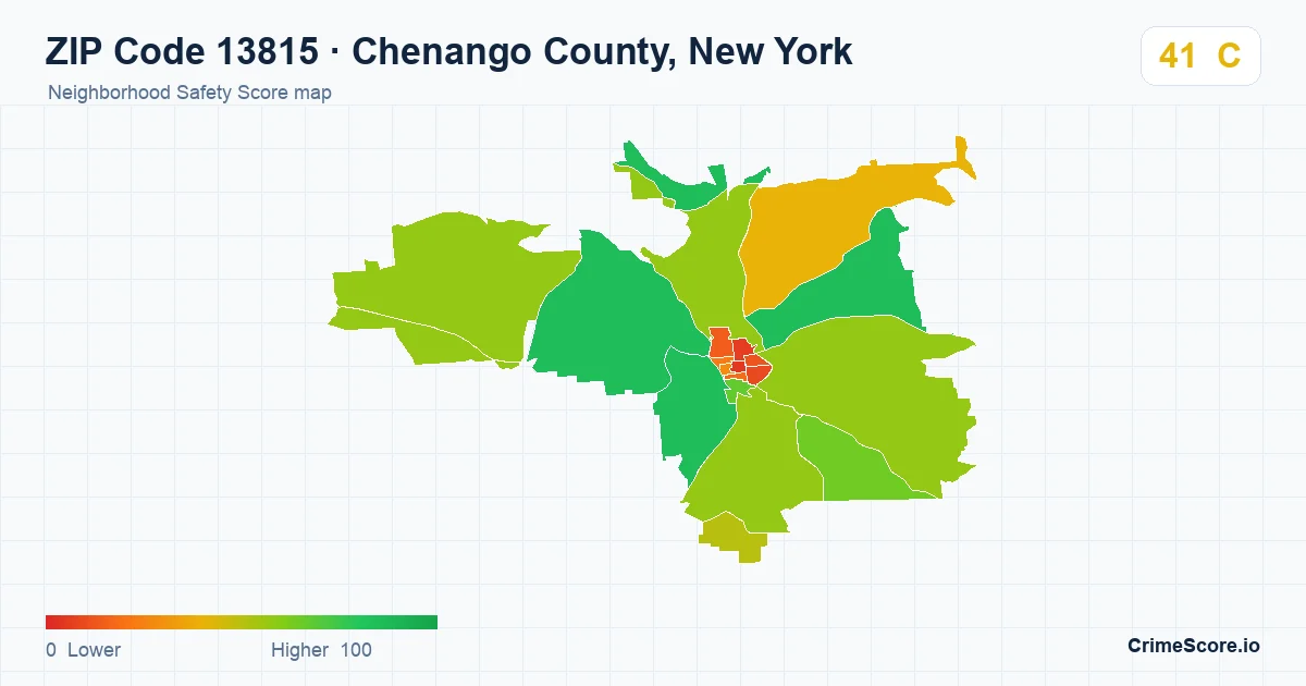 ZIP Code 13815 in Chenango County, New York neighborhood Safety Score map
