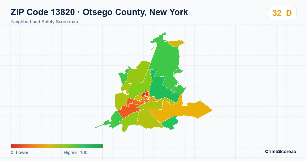 ZIP Code 13820 in Otsego County, New York neighborhood Safety Score map