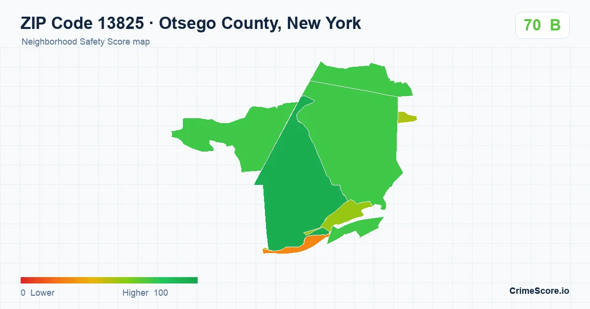 ZIP Code 13825 in Otsego County, New York neighborhood Safety Score map