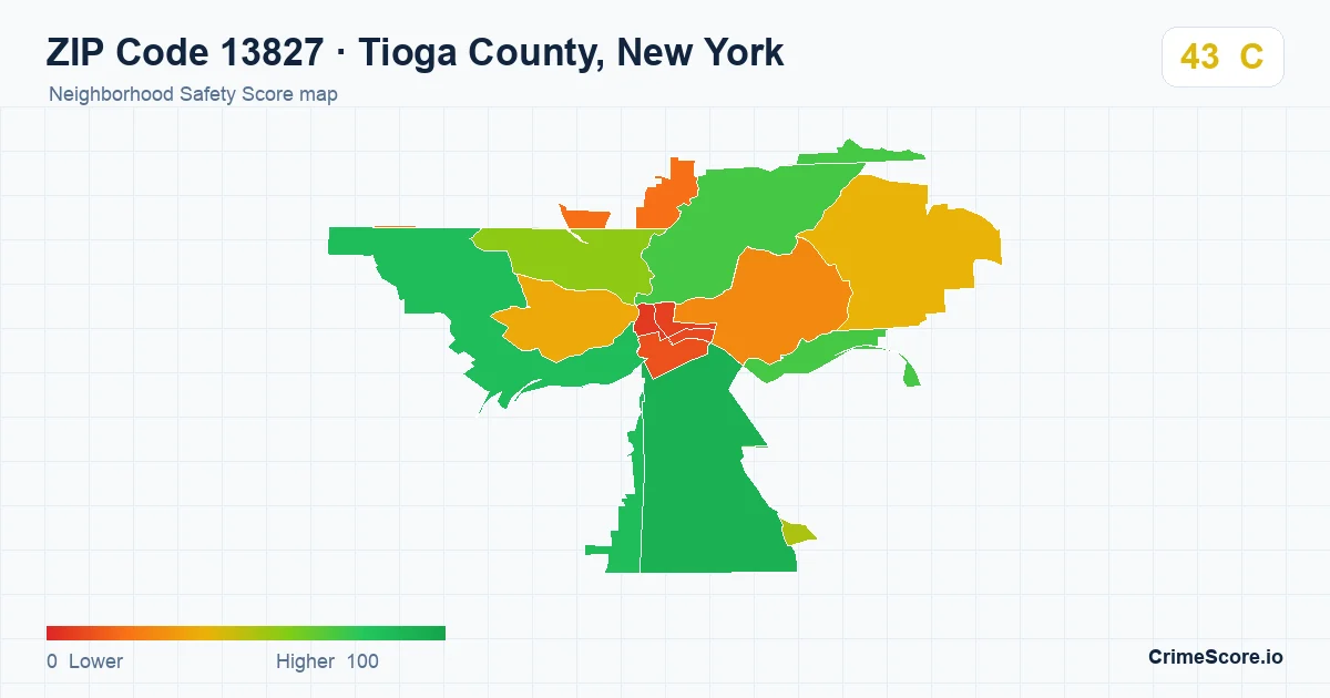 ZIP Code 13827 in Tioga County, New York neighborhood Safety Score map