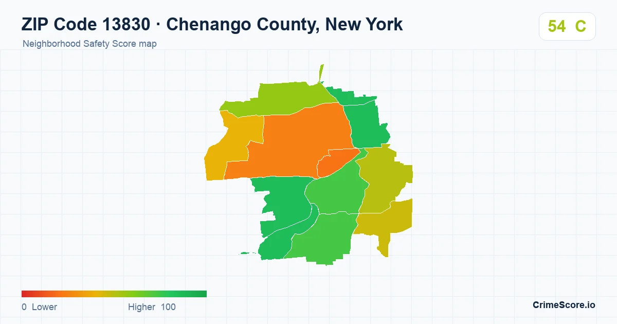 ZIP Code 13830 in Chenango County, New York neighborhood Safety Score map