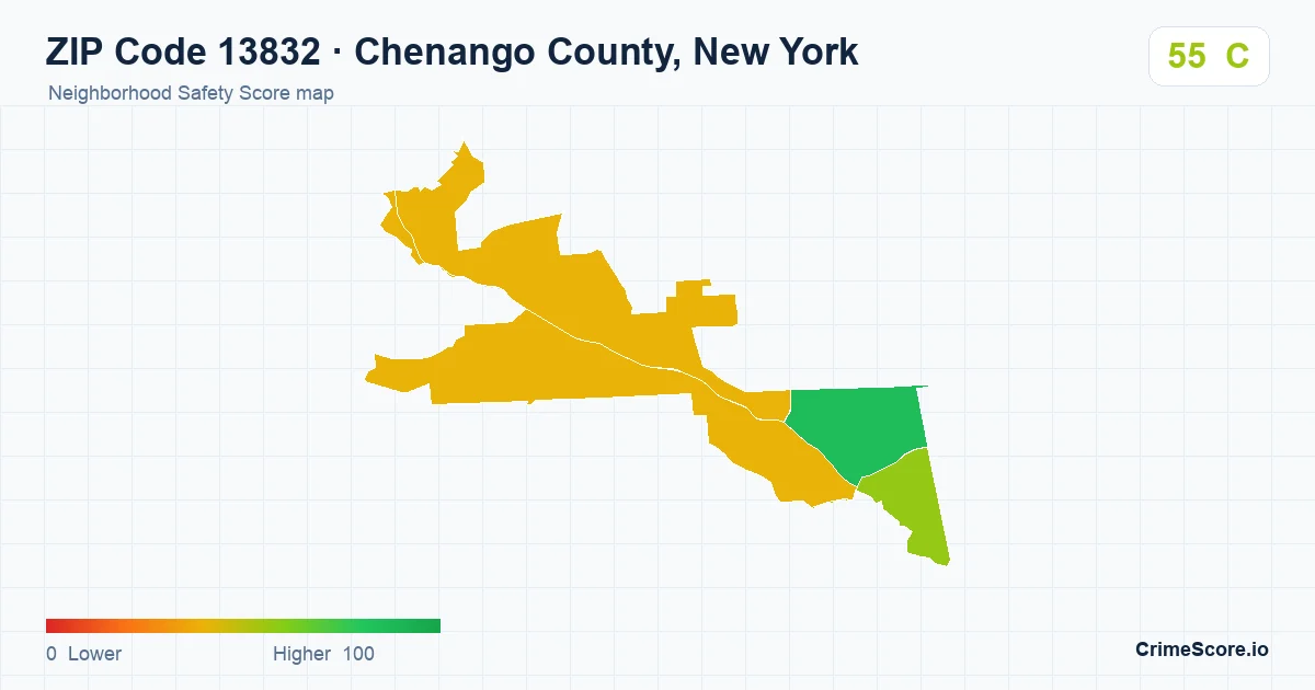 ZIP Code 13832 in Chenango County, New York neighborhood Safety Score map