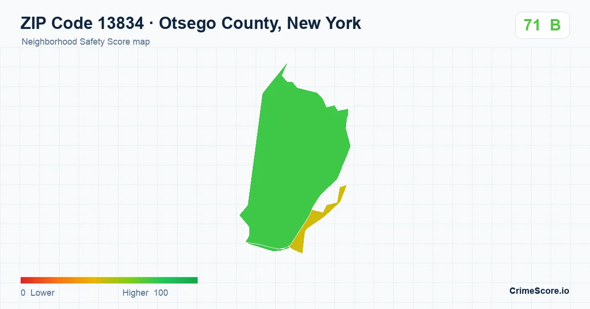 ZIP Code 13834 in Otsego County, New York neighborhood Safety Score map