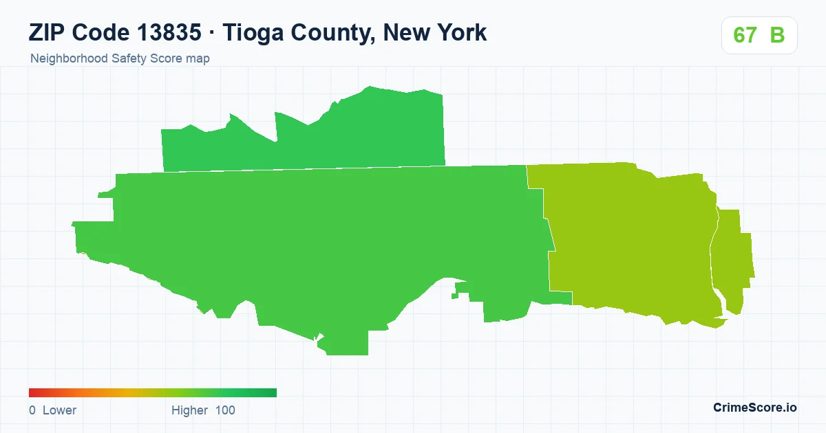 ZIP Code 13835 in Tioga County, New York neighborhood Safety Score map