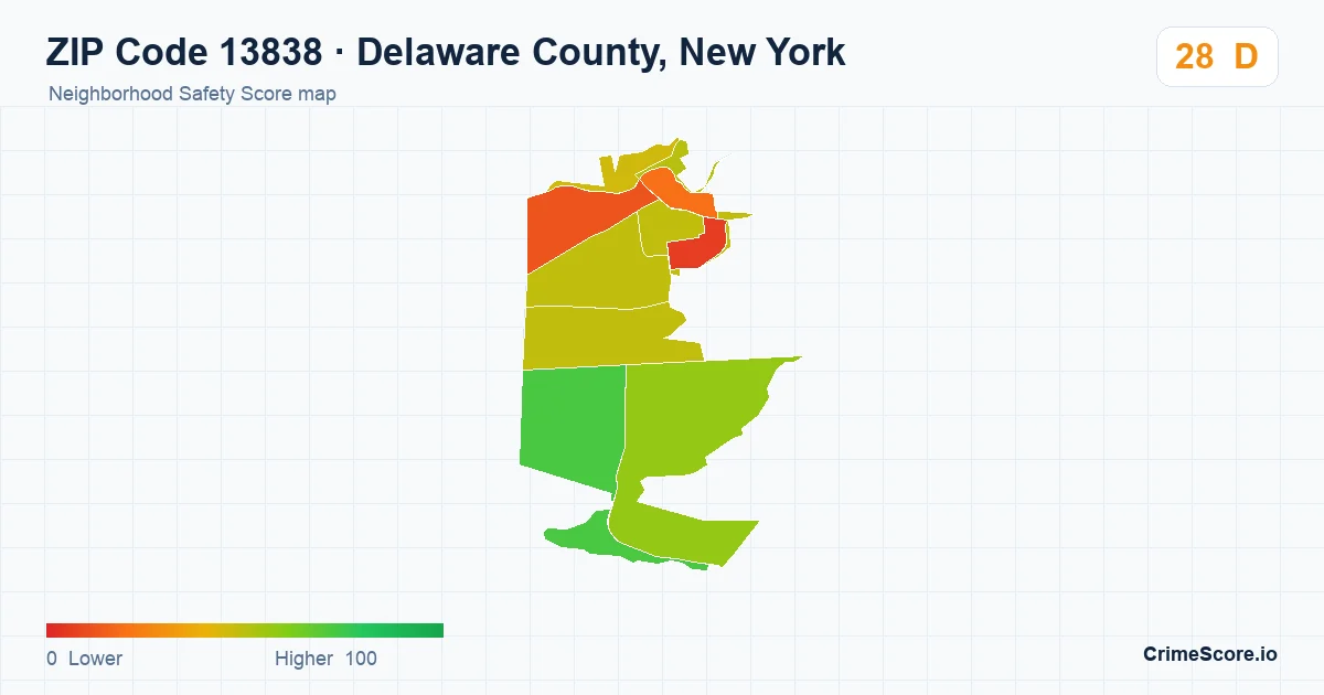 ZIP Code 13838 in Delaware County, New York neighborhood Safety Score map