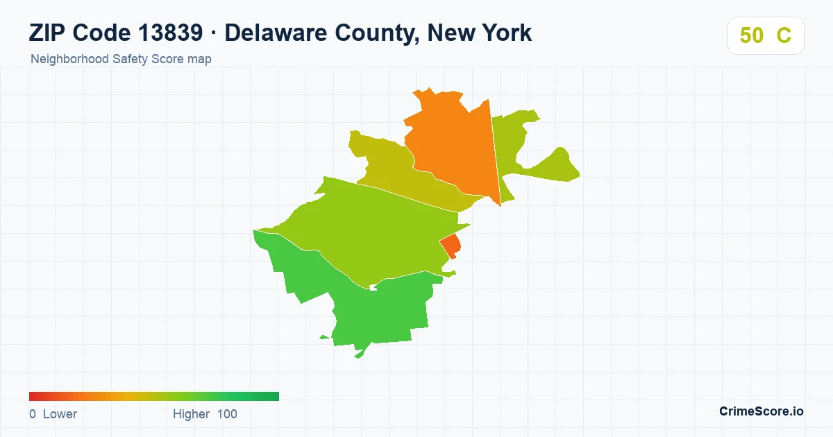 ZIP Code 13839 in Delaware County, New York neighborhood Safety Score map