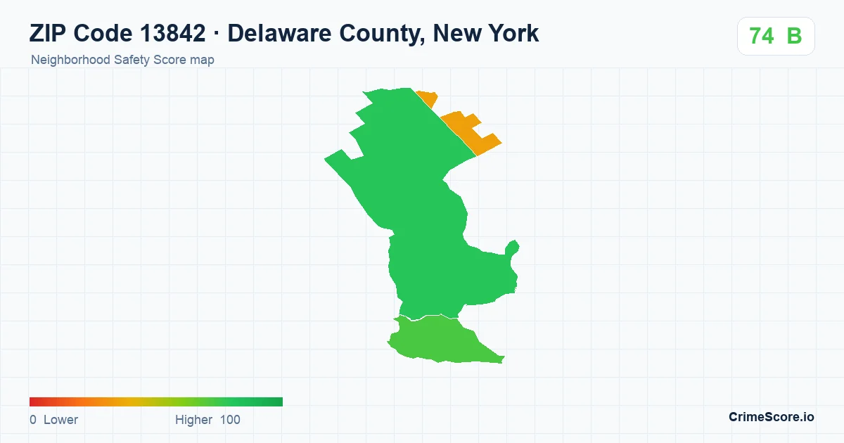 ZIP Code 13842 in Delaware County, New York neighborhood Safety Score map