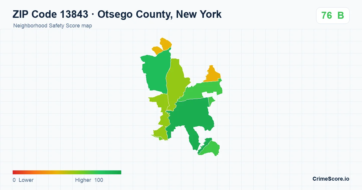 ZIP Code 13843 in Otsego County, New York neighborhood Safety Score map