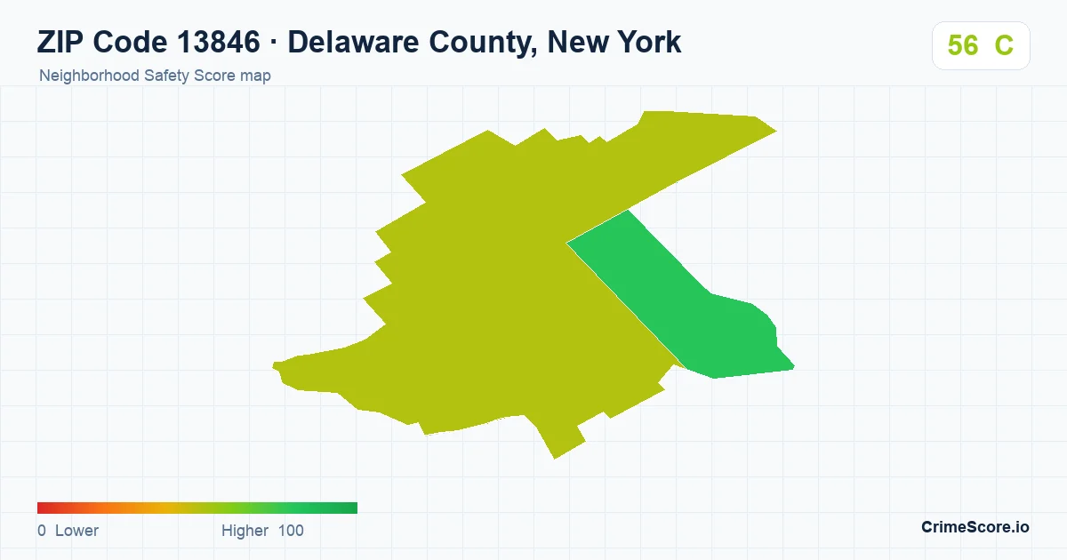 ZIP Code 13846 in Delaware County, New York neighborhood Safety Score map