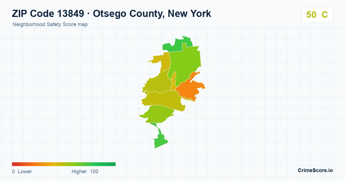 ZIP Code 13849 in Otsego County, New York neighborhood Safety Score map