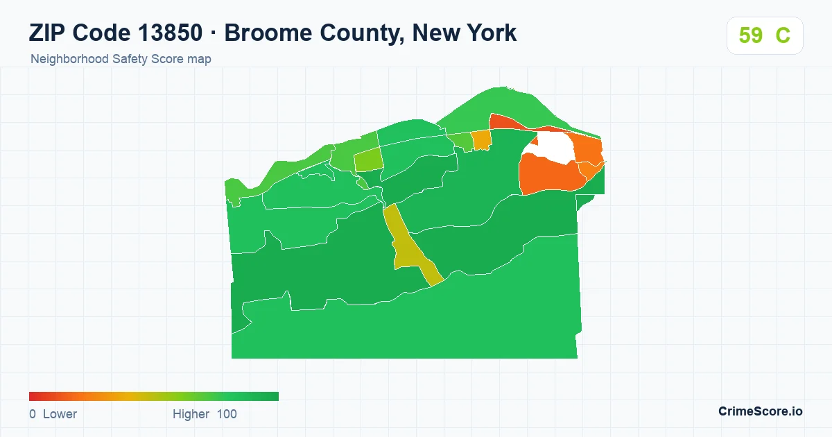 ZIP Code 13850 in Broome County, New York neighborhood Safety Score map