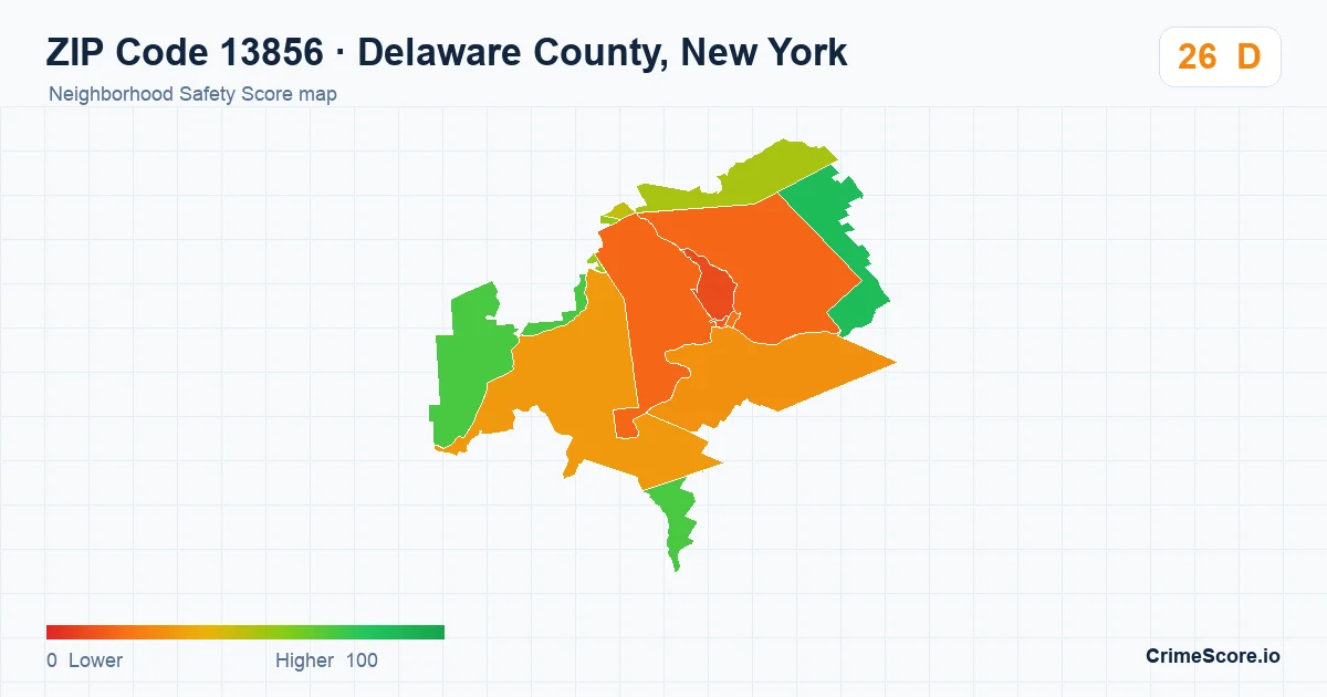 ZIP Code 13856 in Delaware County, New York neighborhood Safety Score map