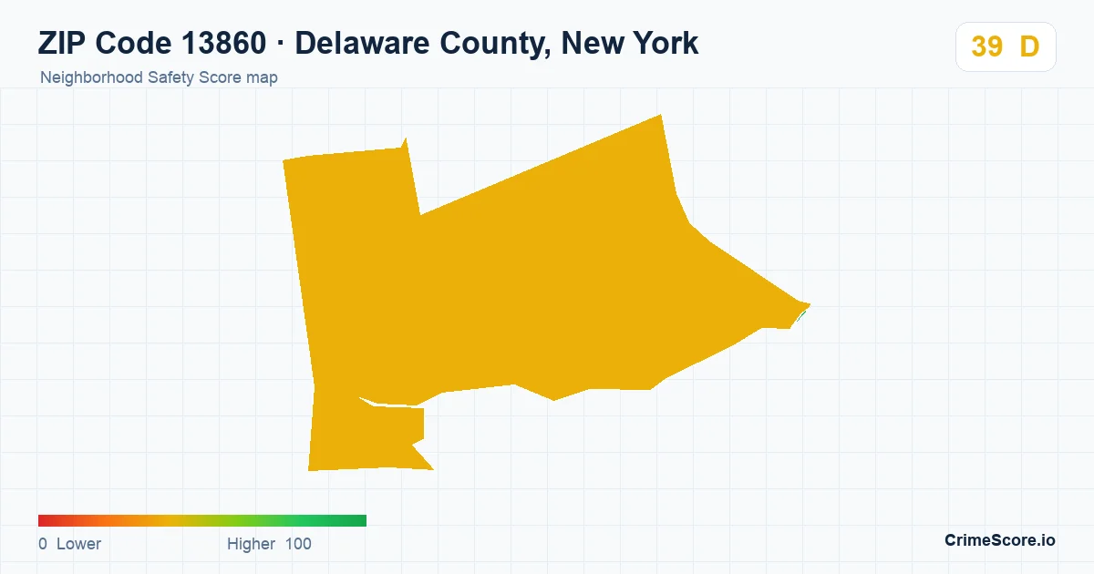 ZIP Code 13860 in Delaware County, New York neighborhood Safety Score map