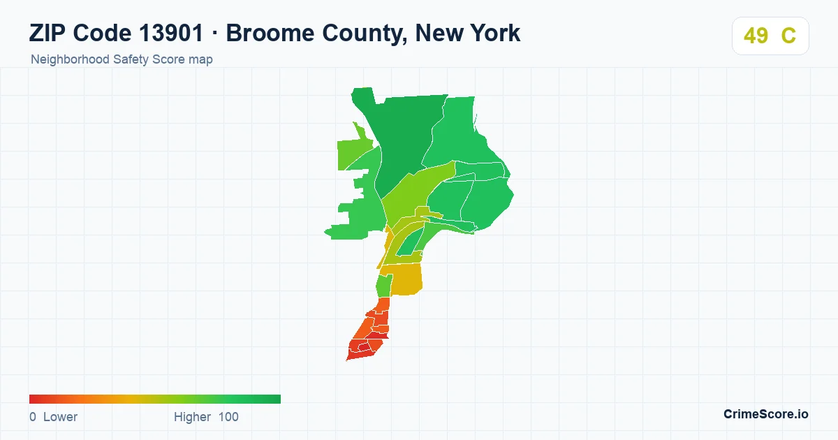 ZIP Code 13901 in Broome County, New York neighborhood Safety Score map