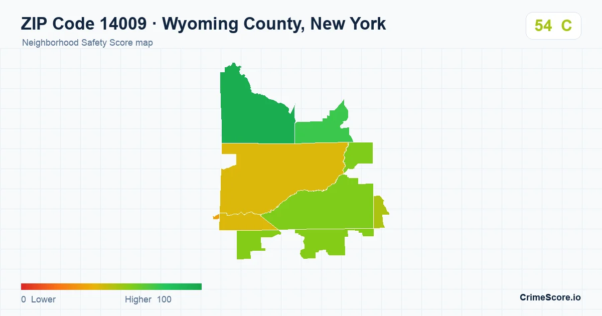 ZIP Code 14009 in Wyoming County, New York neighborhood Safety Score map
