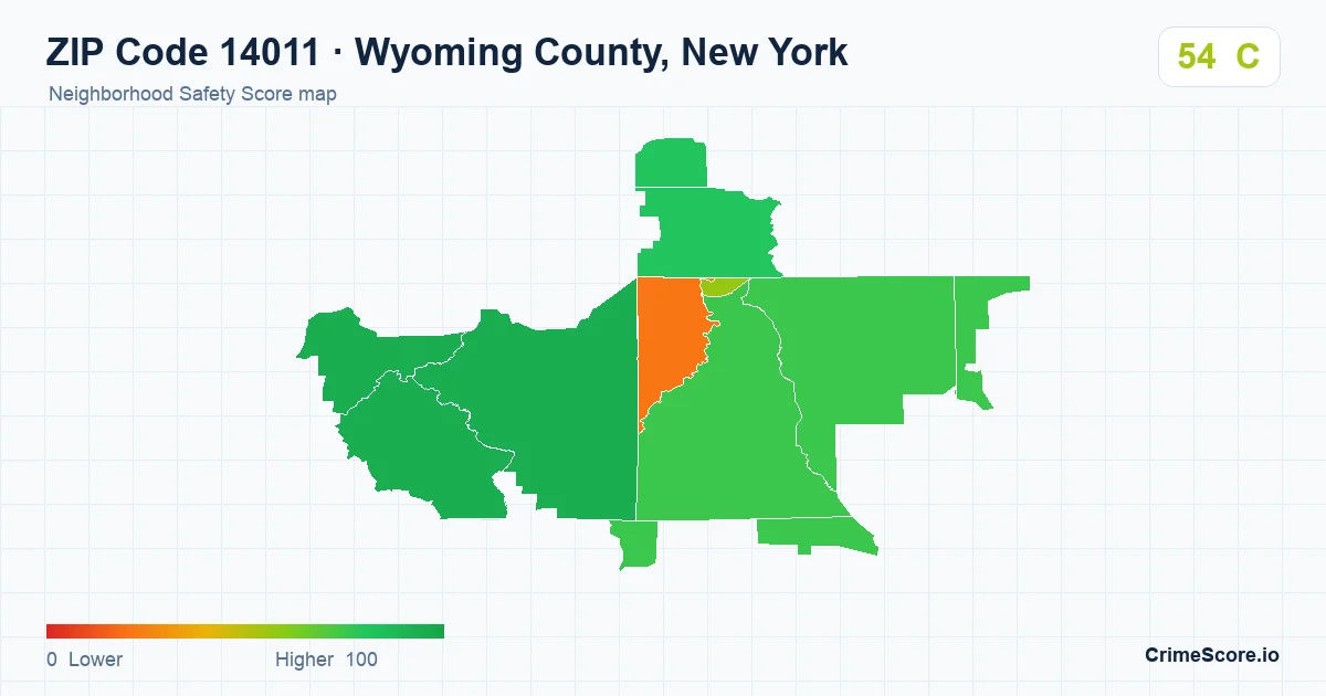 ZIP Code 14011 in Wyoming County, New York neighborhood Safety Score map