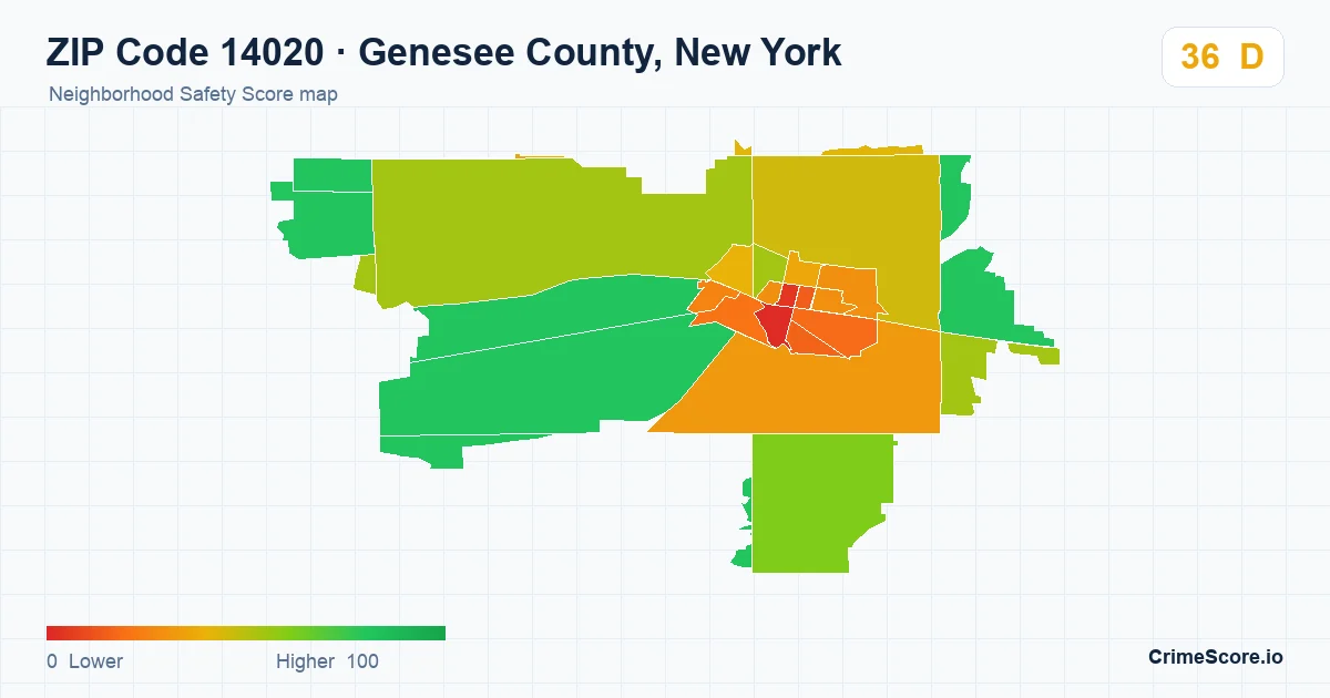 ZIP Code 14020 in Genesee County, New York neighborhood Safety Score map
