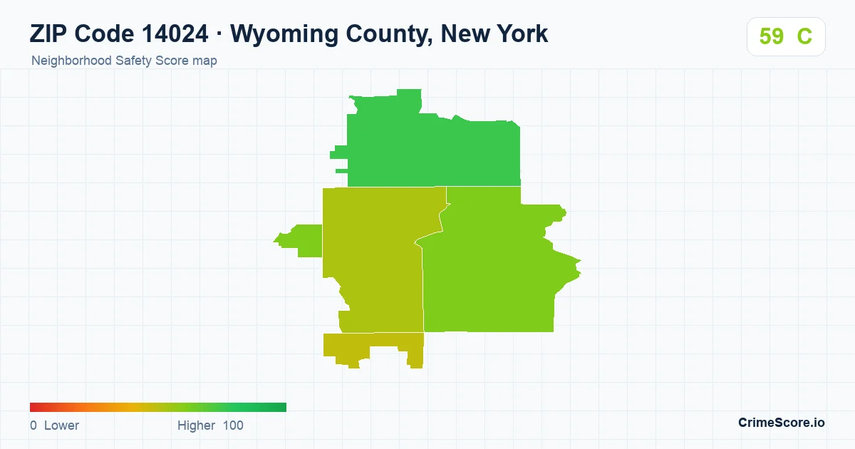 ZIP Code 14024 in Wyoming County, New York neighborhood Safety Score map