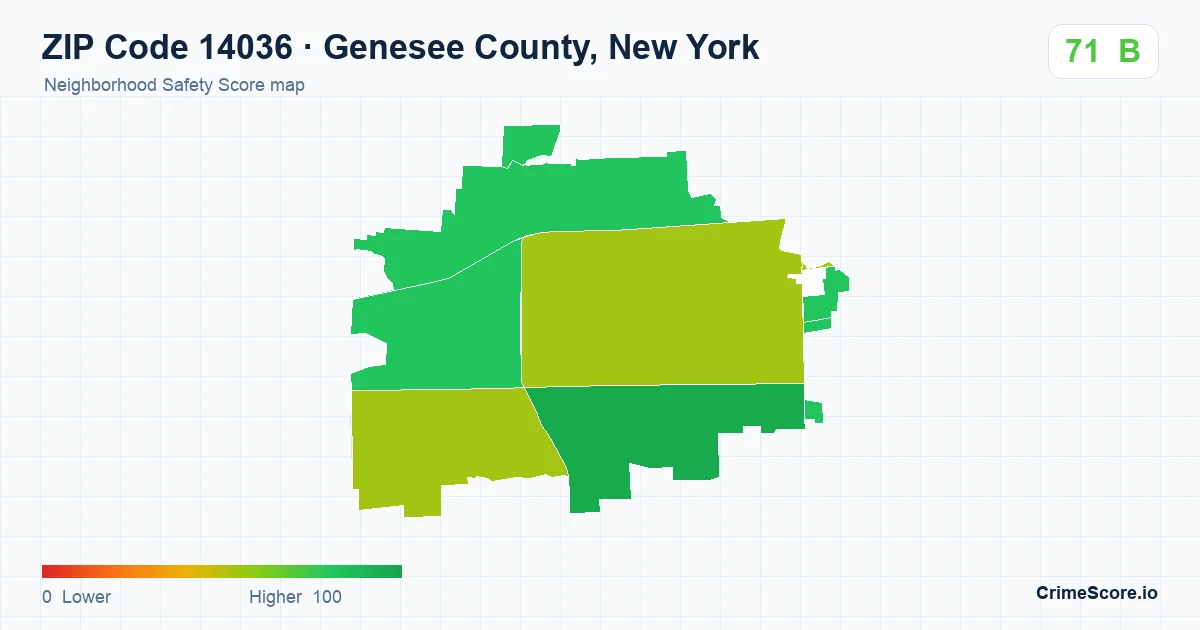 ZIP Code 14036 in Genesee County, New York neighborhood Safety Score map