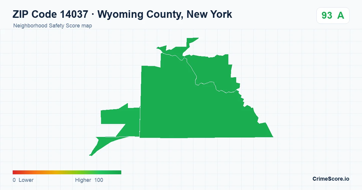 ZIP Code 14037 in Wyoming County, New York neighborhood Safety Score map