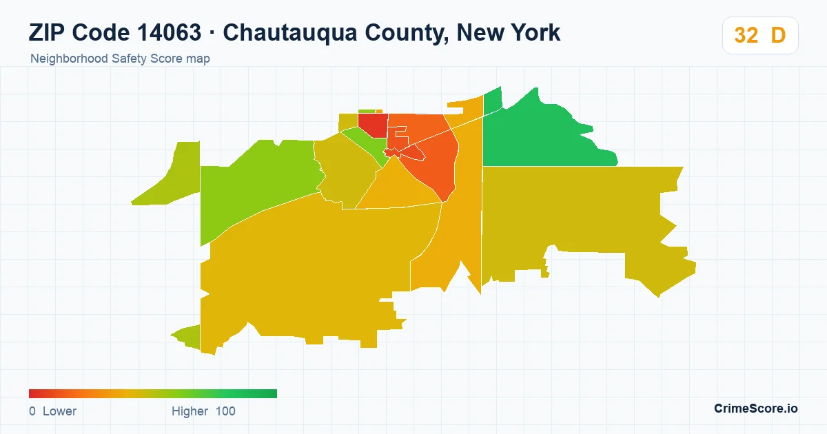 ZIP Code 14063 in Chautauqua County, New York neighborhood Safety Score map