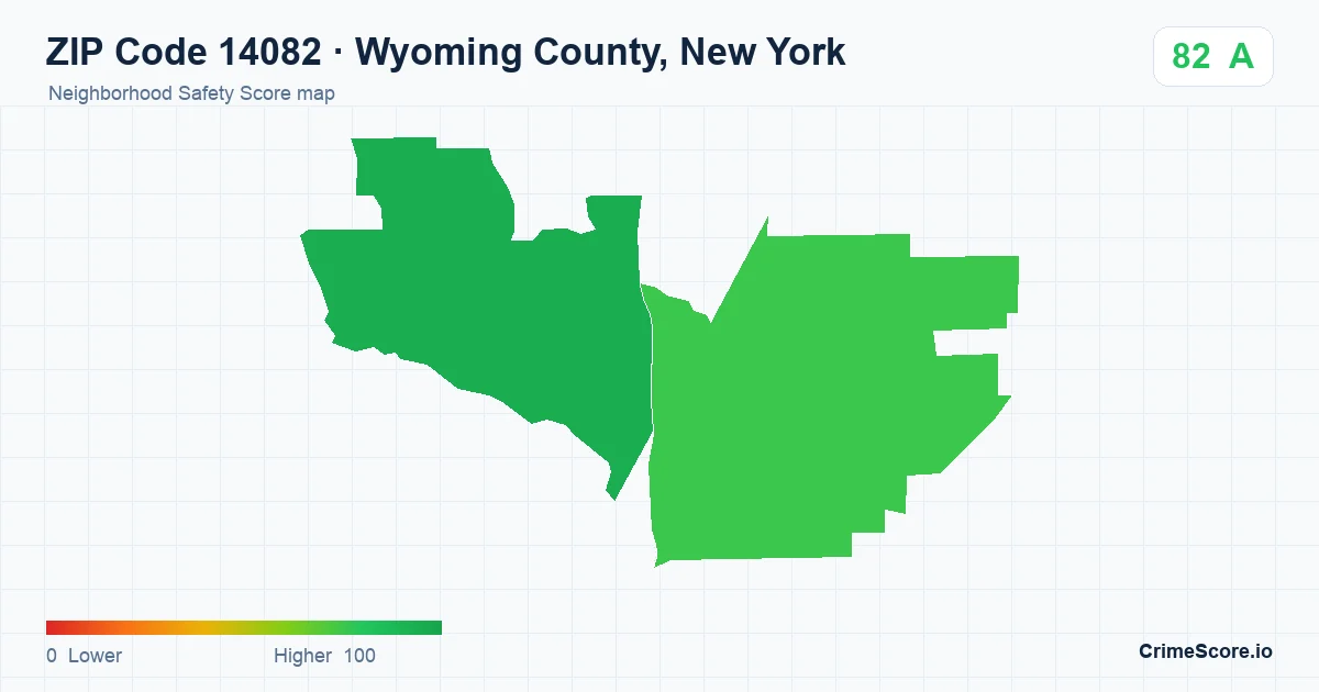 ZIP Code 14082 in Wyoming County, New York neighborhood Safety Score map