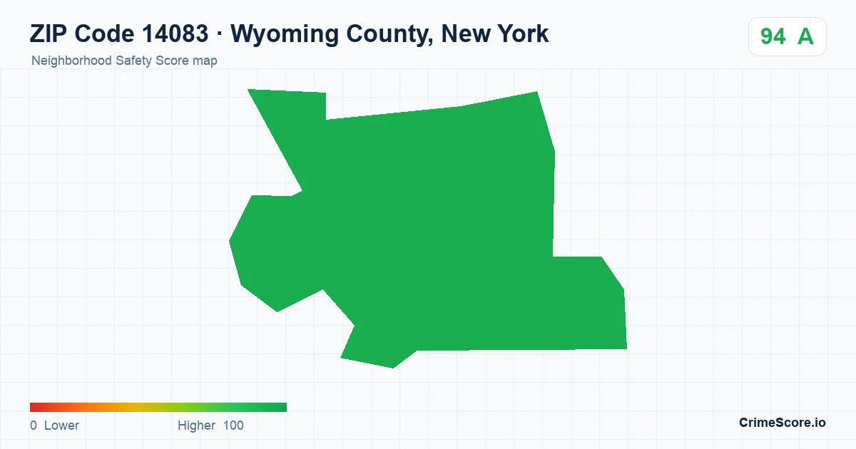 ZIP Code 14083 in Wyoming County, New York neighborhood Safety Score map
