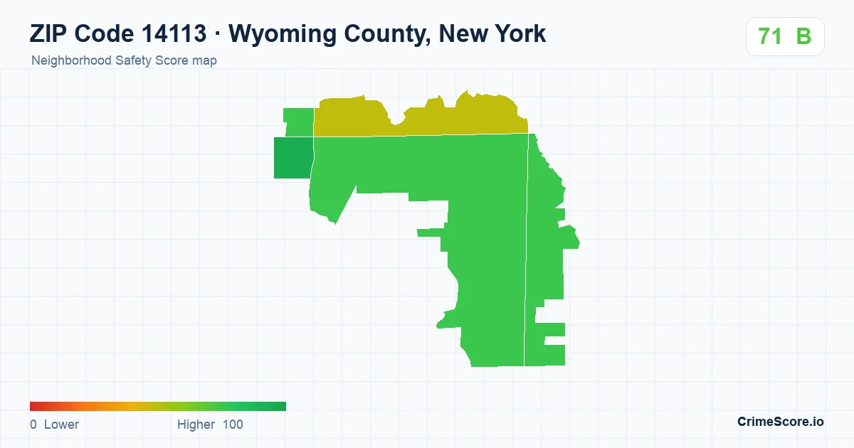 ZIP Code 14113 in Wyoming County, New York neighborhood Safety Score map