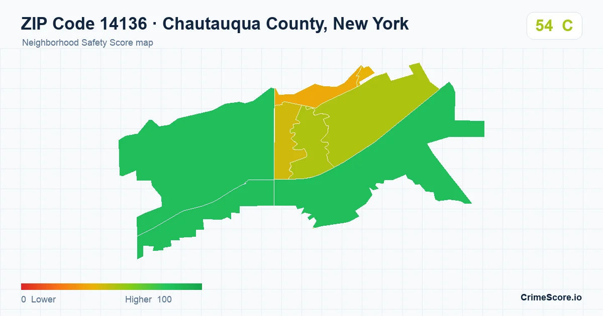 ZIP Code 14136 in Chautauqua County, New York neighborhood Safety Score map