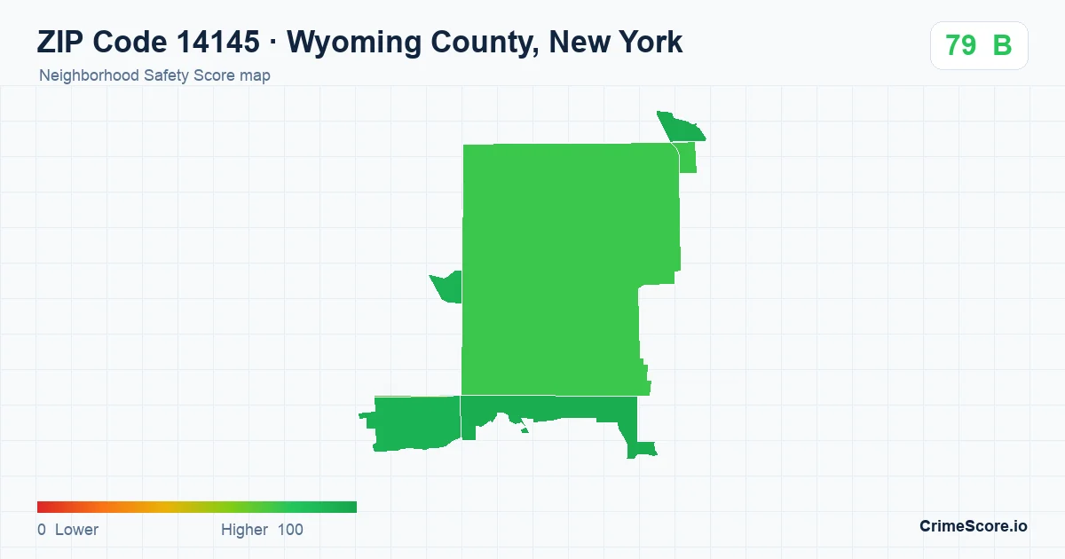 ZIP Code 14145 in Wyoming County, New York neighborhood Safety Score map