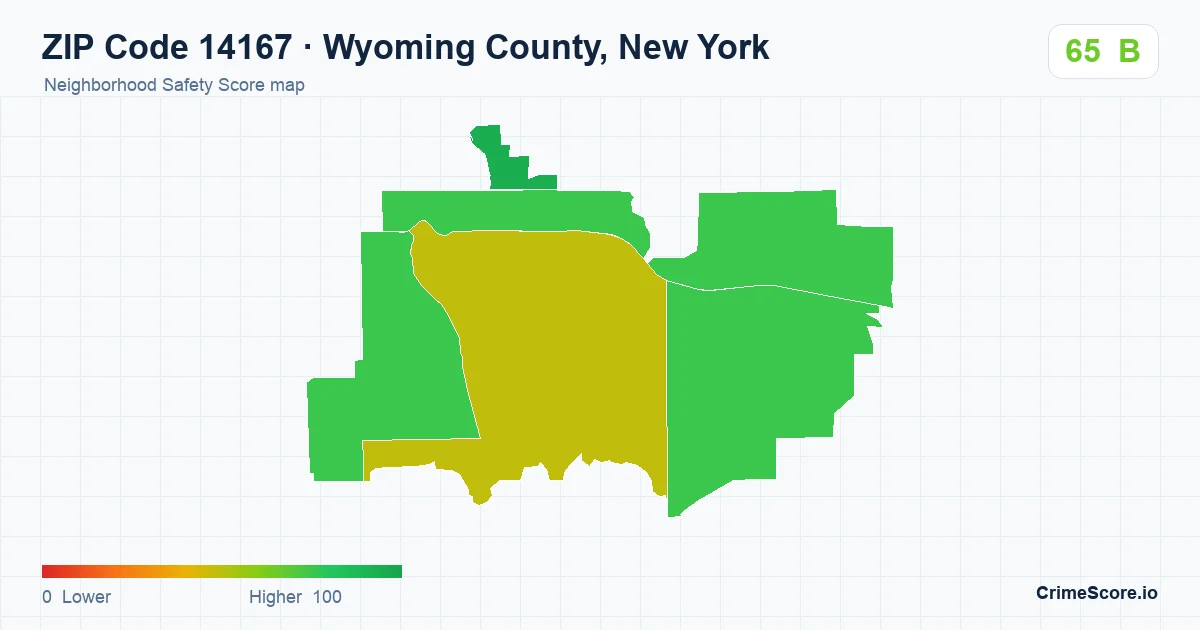 ZIP Code 14167 in Wyoming County, New York neighborhood Safety Score map
