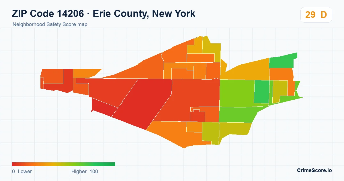 ZIP Code 14206 in Erie County, New York neighborhood Safety Score map