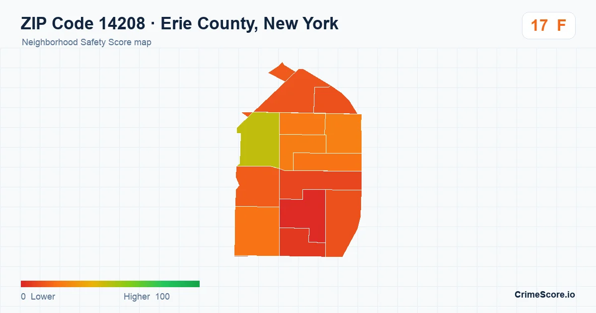 ZIP Code 14208 in Erie County, New York neighborhood Safety Score map