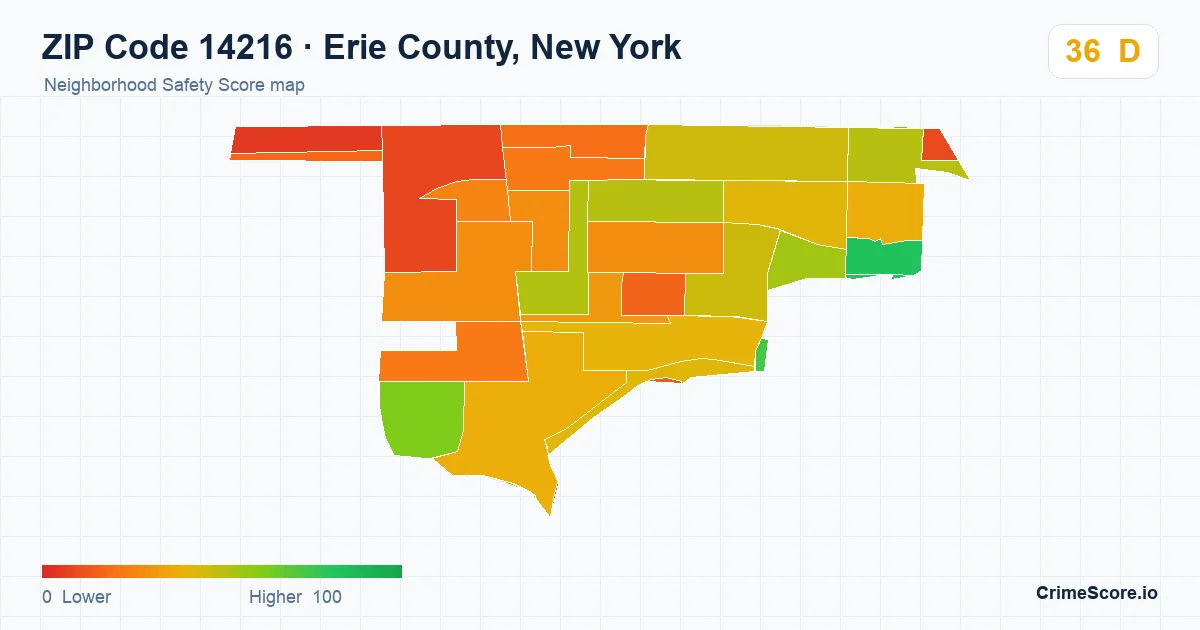 ZIP Code 14216 in Erie County, New York neighborhood Safety Score map