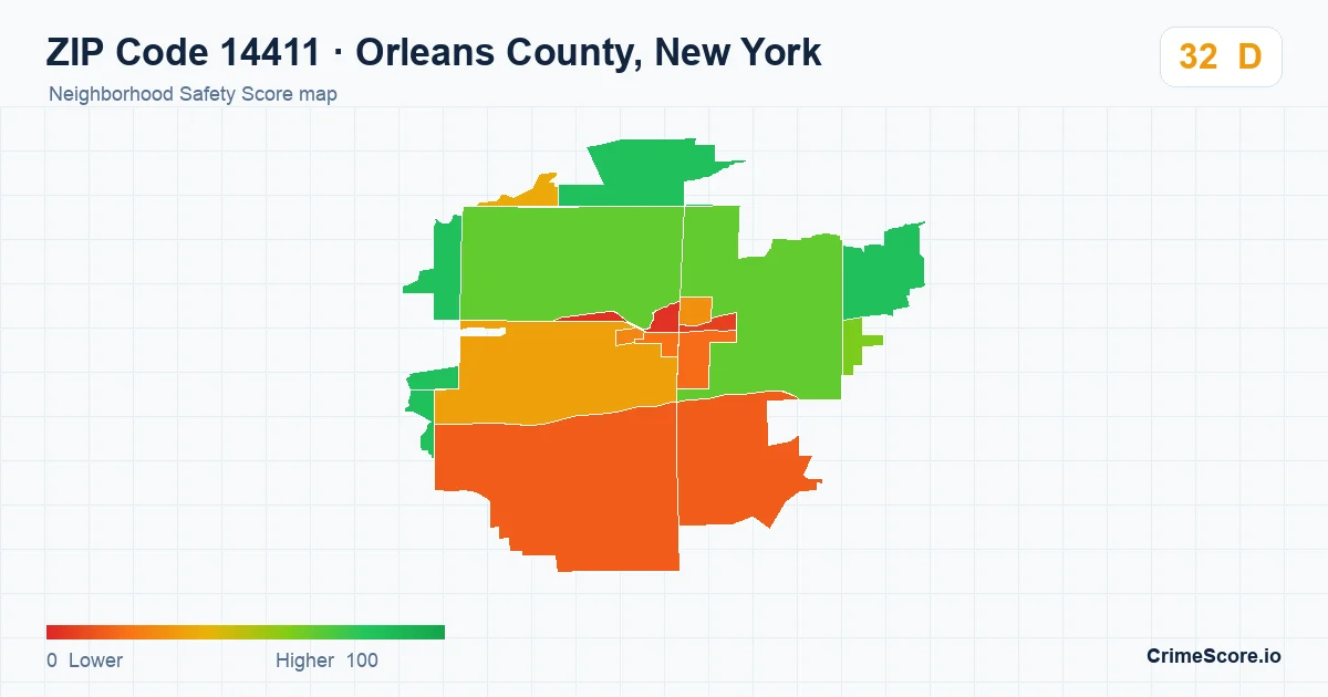 ZIP Code 14411 in Orleans County, New York neighborhood Safety Score map