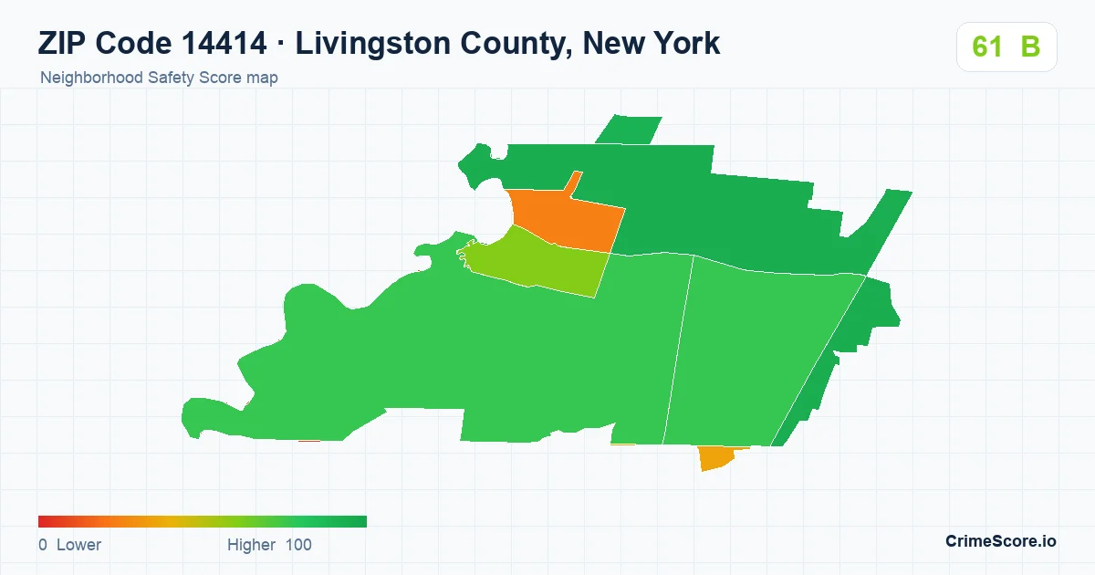 ZIP Code 14414 in Livingston County, New York neighborhood Safety Score map