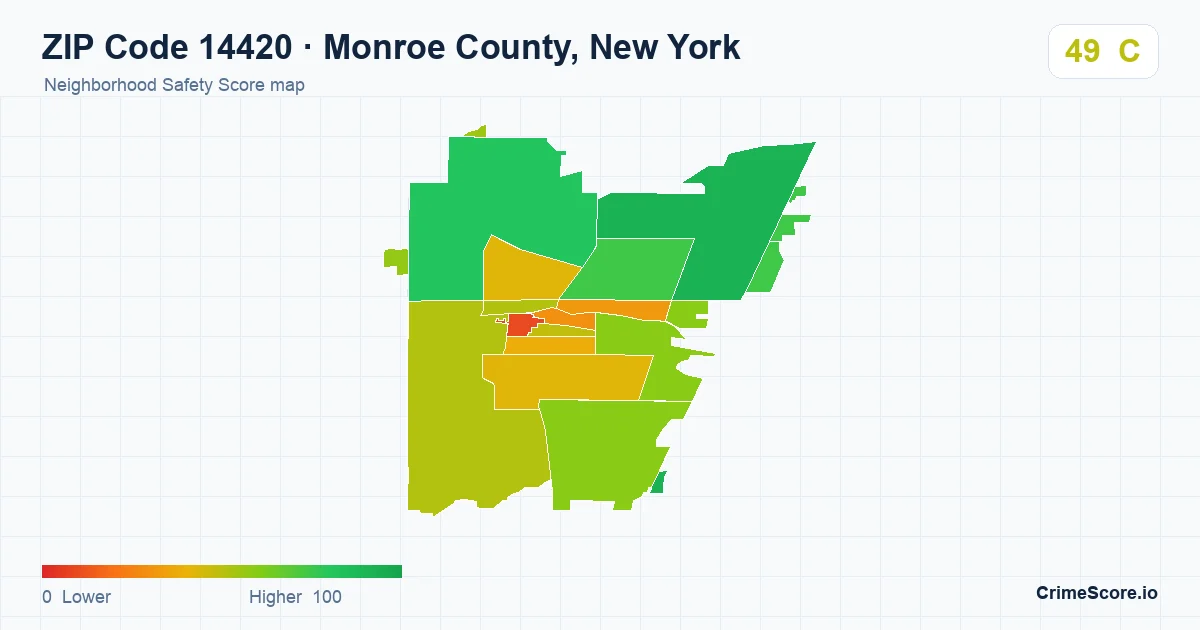 ZIP Code 14420 in Monroe County, New York neighborhood Safety Score map