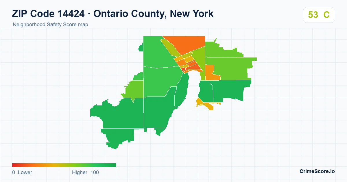ZIP Code 14424 in Ontario County, New York neighborhood Safety Score map