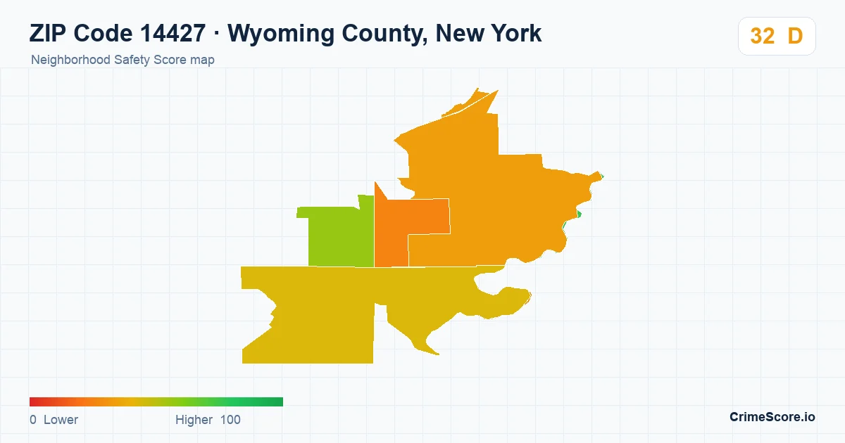ZIP Code 14427 in Wyoming County, New York neighborhood Safety Score map