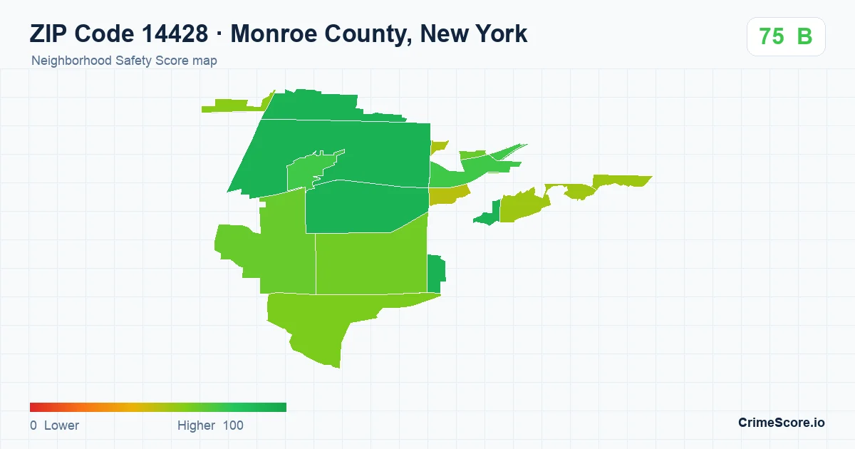 ZIP Code 14428 in Monroe County, New York neighborhood Safety Score map
