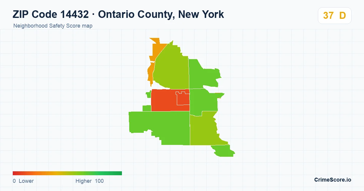 ZIP Code 14432 in Ontario County, New York neighborhood Safety Score map